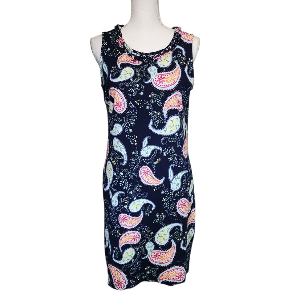 Talbots Petites Sleeveless Shift Dress Pleat Neck Blue Paisley Womens Medium P